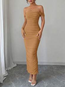 PRETTYGARDEN Women's Summer Dresses Off The Shoulder Dress Ruched Bodycon Sleeveless  Evening Elegant Dresses Wedding Guest Graduation Cocktail Club Party Brown Maxi Dresses - 棕色 - 查看 3