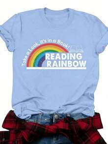 Women's T-Shirt Fitted Tops Print Y2K Crew Neck Tee-Plus Size - Women'S Red T-Shirt - Reading Rainbow Graphic Tee With Book Design - Casual Everyday Shirt For Teachers, Book Lovers - Valentine'S Day & Back To Outfits - Soft Everyday Top, Teacher Apparel, Playful Design, Comfortable Fit-Summer Festival Fashion,  Adult Heavyweight T-Shirt - 淺藍色 - 查看 14