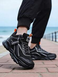 Men's Thick Sole Sneakers Lightweight Breathable Mesh Shoes Comfortable Outdoor Walking Shoes Street Style Fashion Gift Idea For Dad Or Boyfriend - 黑色 - 查看 1