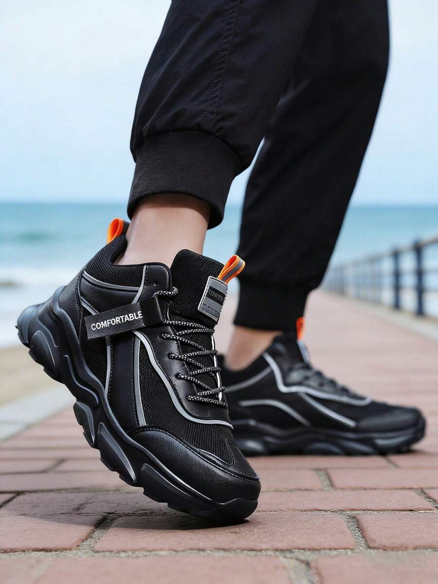 Men's Thick Sole Sneakers Lightweight Breathable Mesh Shoes Comfortable Outdoor Walking Shoes Street Style Fashion Gift Idea For Dad Or Boyfriend - 黑色 - 查看 1