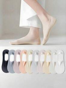 5双装女士超薄冰丝船袜，触感清凉顺滑，透气不闷热，无缝设计完美贴合脚型，硅胶后跟贴条，适合春夏穿着，无纸化包装 - 彩色 - 查看 2