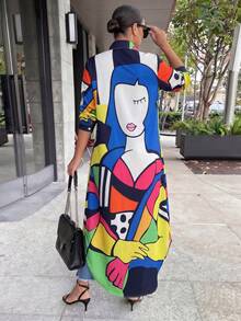 Damen Mode Langarm Blume Muster Hemdkragen Langes Lässiges Elegantes Kleid - Verschiedenfarbig - Übersicht 10