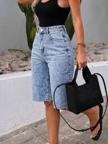 女士水洗无弹牛仔短裤，休闲夏季度假 - 藍色 - 查看 1