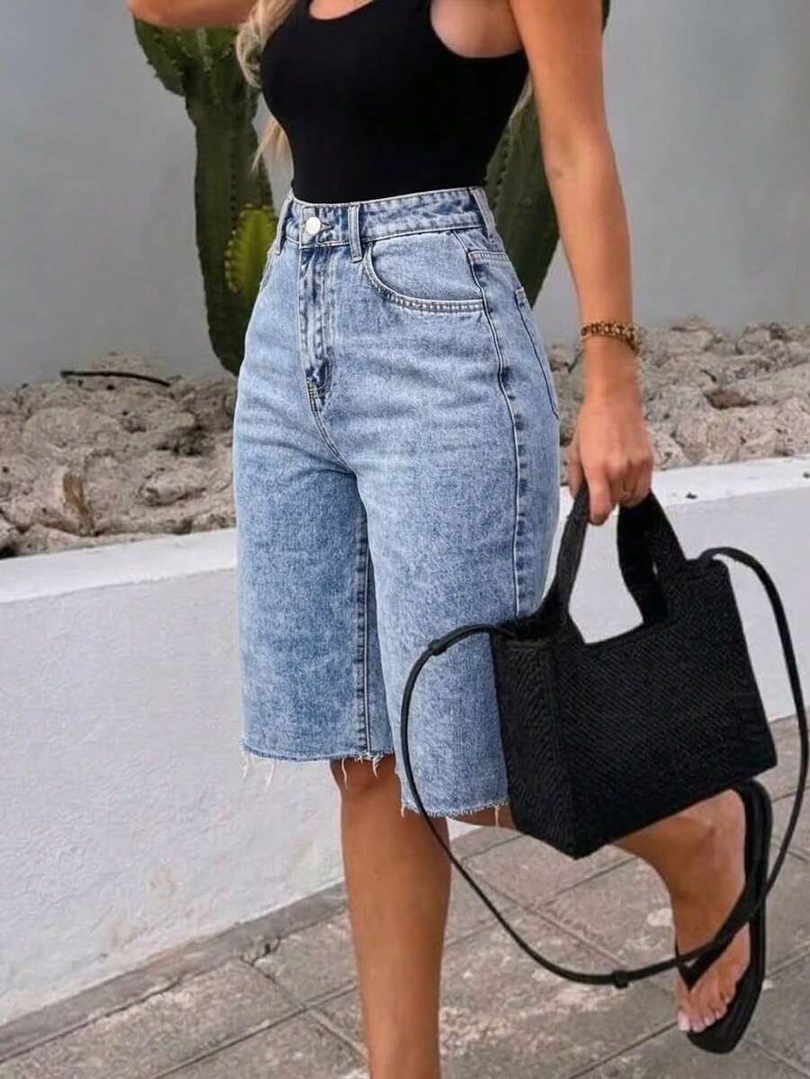 女士水洗无弹牛仔短裤，休闲夏季度假 - 藍色 - 查看 1