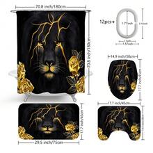 1件/4件套动物狮子与金色玫瑰图案多功能浴室装饰浴帘套装，赠送12个挂钩，营造优雅节日氛围，包含浴室地垫、U型马桶垫和圆形马桶垫，适用于各种浴室场景。 - 獅子2 - 查看 9