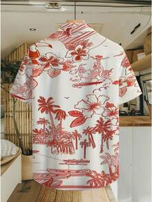 Tropical Island Art Depicting Palm Trees Huts Surfing Waves And Toucan Parrots Brings A Relaxed Coastal Spirit Men's 3D Printed Short Sleeve Hawaiian Shirt Casual Beachwear - 白色 - 查看 2