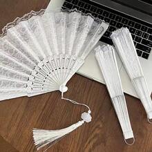Chinese Style Folding Small Fan, Carry With You Ancient Style Hanfu Horse Face Skirt, Ancient Costume Dance, Black Folding Fan, Female - 白色蕾絲(流蘇款) - 查看 1