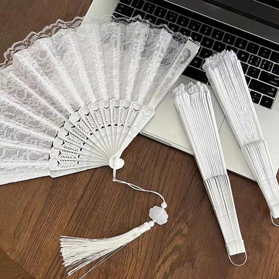 Chinese Style Folding Small Fan, Carry With You Ancient Style Hanfu Horse Face Skirt, Ancient Costume Dance, Black Folding Fan, Female - 白色蕾絲(流蘇款) - 查看 1