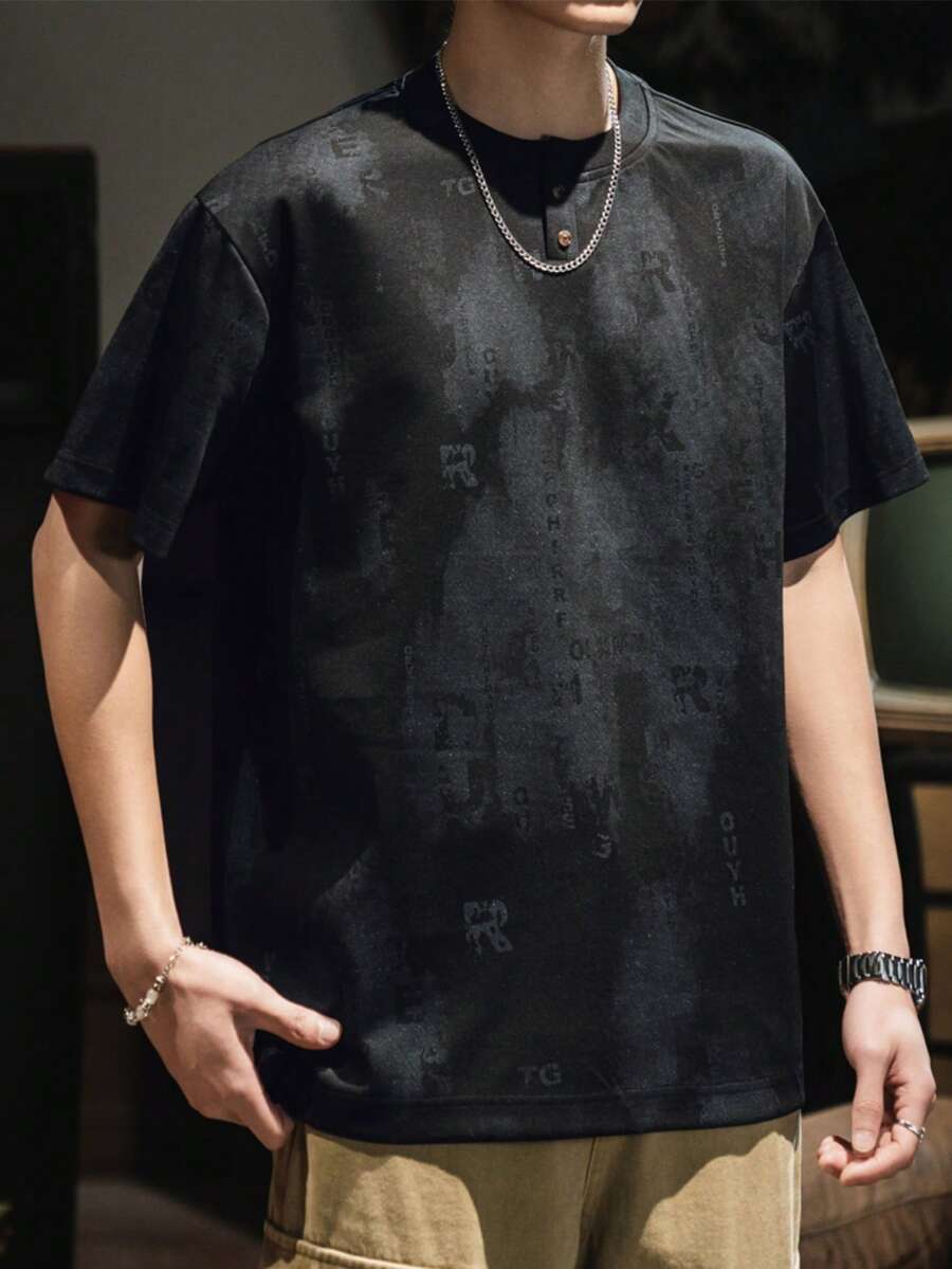 男士夏季亨利领休闲宽松舒适印花T恤 - 黑色 - 查看 1