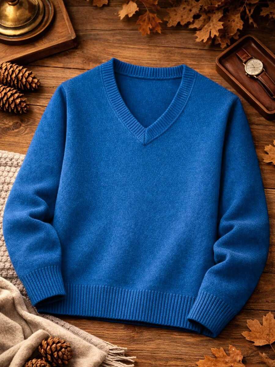 Unisex Youth Knit Sweater, Casual, Comfortable, Stylish Basic Fashion, Boys And Girls, Versatile Everyday Look, Autumn/Winter Fashion, Premium Comfort, Perfect Fit, Teen Clothing, Blogger Style, Streetwear - 藍色 - 查看 1