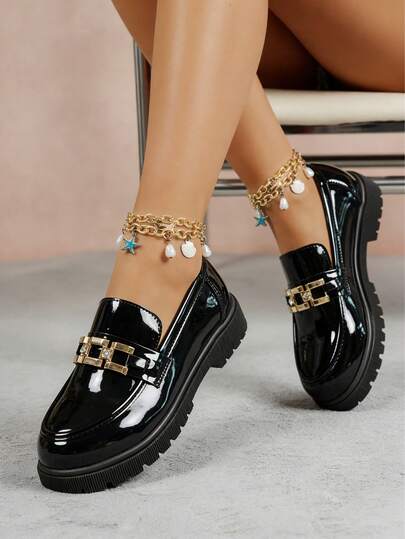 2026 New Women's Loafers, Slip-On Low-Top Mary Jane Shoes, Solid Retro Black Patent Leather Shoes, Mid-Heel Casual School Style Shoes