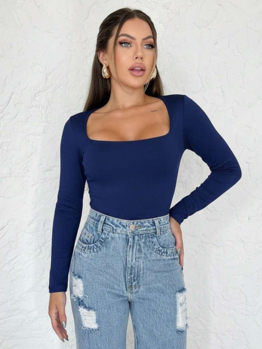 Kit 1, 3 Bodysuits, Women's Shaping Bodysuit, Second Skin Style, Square Neckline, Long Sleeves, Basic, High Fashion, Versatile, Elegant, Blogger Style - 藏蓝色 - 查看 1