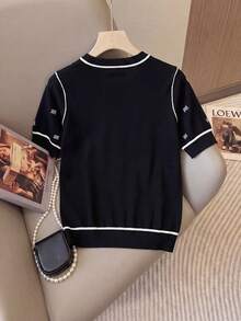 新款女士夏季休闲刺绣圆领短袖针织上衣 春季 - 黑色 - 查看 2