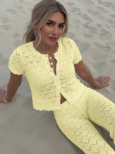 Women's Summer Vacation Crochet Mesh Hollow Out Short Sleeve Knit Cardigan + Long Pants 2 Pieces Set - Vacation 2 Pieces Set, Crochet Sunscreen Club Sexy Fitted Ladies Suit
