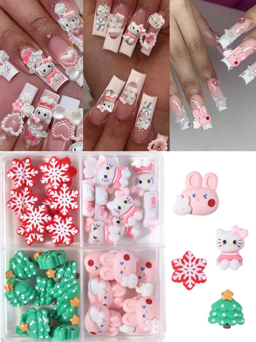 SANRIO Bộ trang trí móng tay hoạt hình 37 món, 4 kiểu dáng chủ đề Giáng sinh, họa tiết mèo, đính đá trang trí móng tay đế phẳng, tự làm. - Nhiều màu - Xem 1