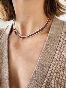 Collar de cuentas de ágata roja y piedras preciosas | Hecho a mano | Joyería única | Apilable | Un regalo para ella - Rojo - Ver 5