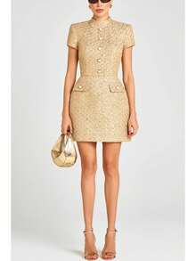 Elegant Women's Gold Woven Fabric Formal Dress With Short Sleeves And Pearl Button Detail Stand Collar Mini Dress - 卡其色 - 查看 3