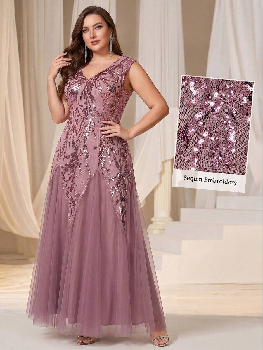 Đầm dạ hội mùa hè cỡ lớn EVERPRETTY thanh lịch, dáng xòe dài màu hồng, được trang trí bằng thêu và đính sequin tinh xảo - Cổ chữ V, đầm dự tiệc cưới, đầm dự sự kiện thắt cà vạt đen, đầm dự tiệc mùa xuân.