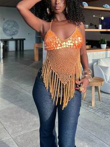 Women Sequin Knit Halter Top Sleeveless V Neck Solid Color Hollow Out Crochet Irregular Tassel Hem Crop Tank Top Summer Beach Vacation Backless Flowy Camisole - 橘色 - 查看 4