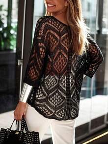 大码女式镂空钩针套头毛衣，宽松轻薄休闲长袖罩衫，春季度假 - 黑色 - 查看 3