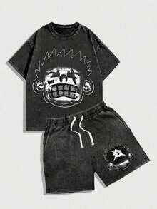 2PC Mens Creative T Shirt And Shorts Set American Vintage Full Print Street Wear Essential Graphic T Shirt And Shorts Set With Cartoon Face Print Washed Look Casual Outfit For Daily Wear And Urban StyleWomen's Vintage Washed Set (Unisex) - 黑色 - 查看 1