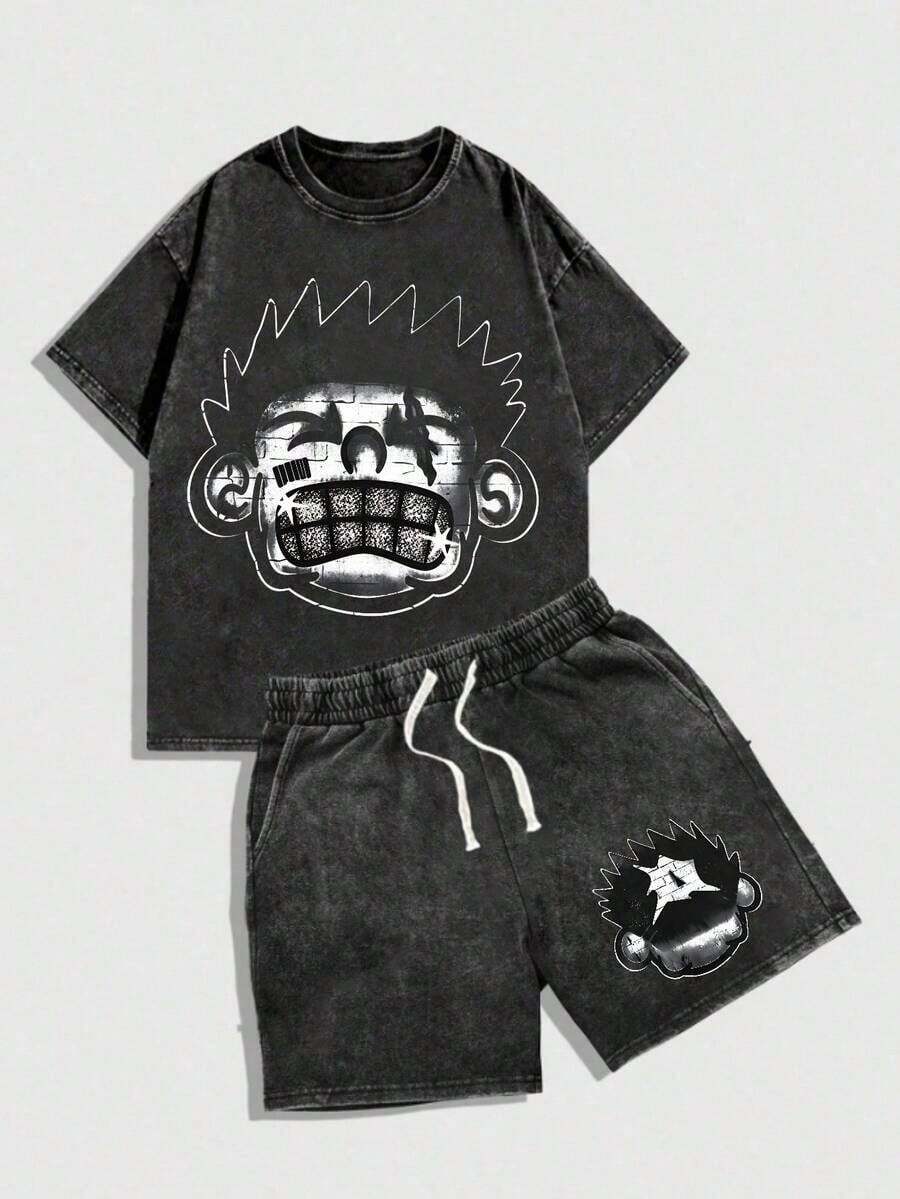 2PC Mens Creative T Shirt And Shorts Set American Vintage Full Print Street Wear Essential Graphic T Shirt And Shorts Set With Cartoon Face Print Washed Look Casual Outfit For Daily Wear And Urban StyleWomen's Vintage Washed Set (Unisex) - 黑色 - 查看 1