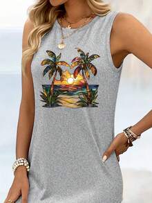 Imitation 2D Coconut Beach Pattern Printed Tank Dress 6424 - 橘色 - 查看 3