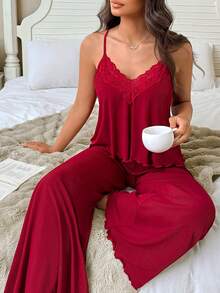 2 piezas Conjunto de lencería sexy para mujer, camiseta sin mangas de unicolor con tirantes ajustables emparejada con shorts cómodos y elásticos, conjunto de ropa de dormir con encaje, elegante y refinado, adecuado para fiestas, regalo del Día de San Valentín - Burdeos - Ver 1