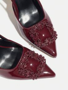Tacones de aguja con hebilla para mujer, estilo versátil europeo y americano para fiestas, uso diario, trabajo, primavera/verano - Burdeos - Ver 6