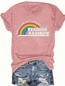 Women's T-Shirt Fitted Tops Print Y2K Crew Neck Tee-Plus Size - Women'S Red T-Shirt - Reading Rainbow Graphic Tee With Book Design - Casual Everyday Shirt For Teachers, Book Lovers - Valentine'S Day & Back To Outfits - Soft Everyday Top, Teacher Apparel, Playful Design, Comfortable Fit-Summer Festival Fashion,  Adult Heavyweight T-Shirt - 粉色 - 查看 14