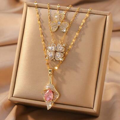 Bộ 3 mặt dây chuyền đá Zirconia bất đối xứng, kiểu dáng giản dị phù hợp đeo hàng ngày.