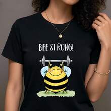 Camiseta con estampado gráfico, manga corta y cuello redondo, top casual para verano y primavera, ropa de mujer- 1pcs, 180Gsm, 100% Cotton - Negro - Ver 6