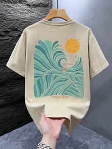 男士印花T恤，沙滩夏季穿着，宽松短袖T恤 - 杏色 - 查看 2