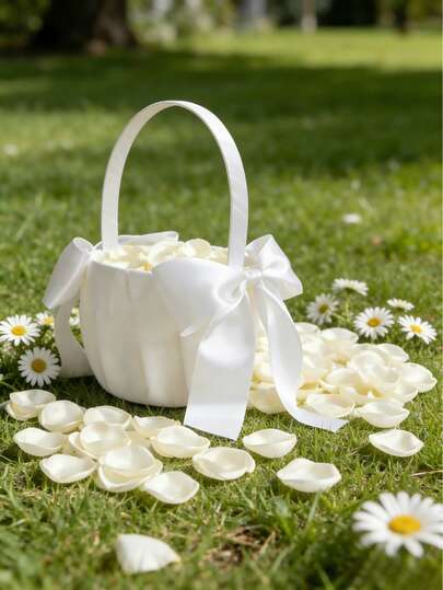1pc Bow-Knot Wedding Flower Basket - White Bow Flower Basket, Satin Flower Basket, Suitable For Wedding Party Decor, New Year Gift, Decorative Gift, Back To School Gift