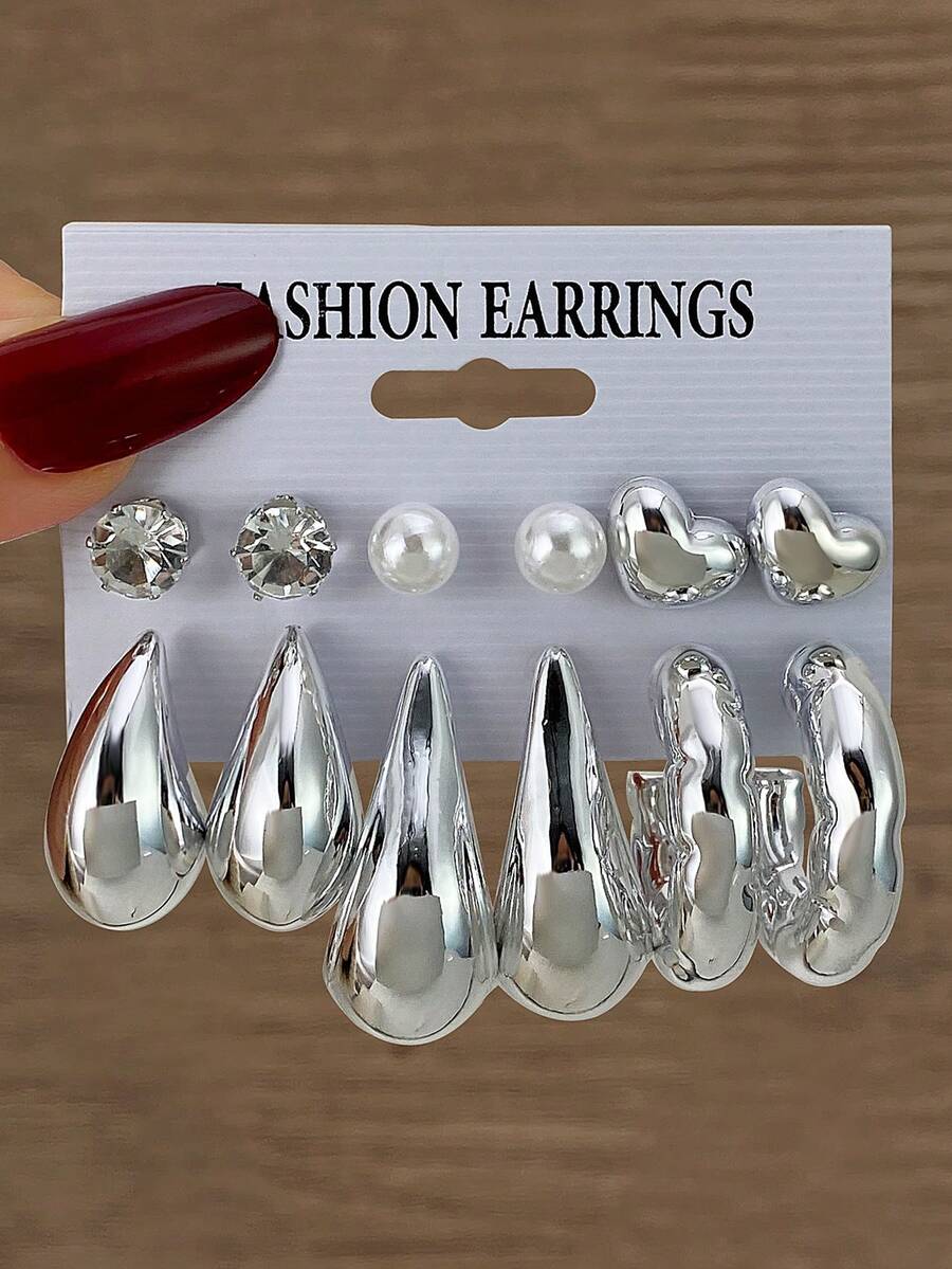 Bộ 12 chiếc khuyên tai kẹp hình trái tim 3D, giọt nước, hình chữ C, hình học bất đối xứng sang trọng, bộ khuyên tai thiết kế tối giản độc đáo cá tính cao cấp bán chạy nhất năm 2026, phù hợp để đeo hàng ngày. - Bạc - Xem 1