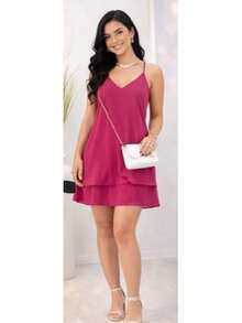 Women's Short, Loose-Fitting Dress With Layers And Ruffles In Candy Colors For Summer, With Adjustable Straps. - Rosa Roja - Ver 4