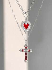 Bộ 2 dây chuyền mặt dây chuyền hình thánh giá trái tim sâu kiểu Gothic, phụ kiện trang sức Punk Goth Y2K, quà tặng Ngày Valentine. - Đỏ - Xem 1