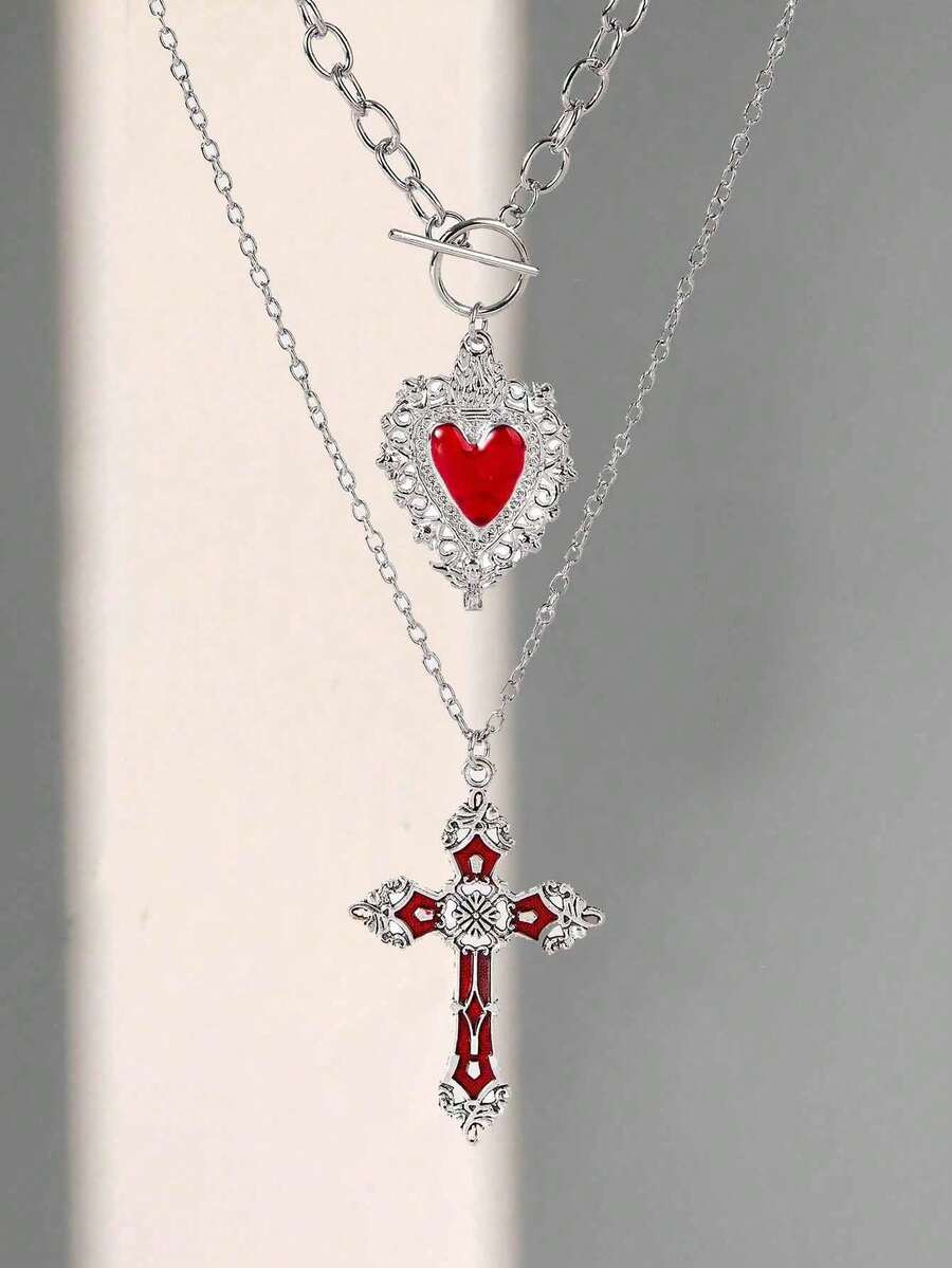 Bộ 2 dây chuyền mặt dây chuyền hình thánh giá trái tim sâu kiểu Gothic, phụ kiện trang sức Punk Goth Y2K, quà tặng Ngày Valentine. - Đỏ - Xem 1