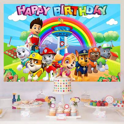 彩虹生日派对背景幕布，节日派对装饰，场景布置道具，卡通狗狗生日横幅，生日派对装饰，生日背景尺寸：210*150 / 150*100 / 100*75 厘米