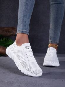 36-44 White Knitted Women's Lace-Up Casual Sports Shoes, Mesh Breathable Lightweight Versatile Outdoor Summer Commute/Walking/Daily/Tennis/Back To School - White - View 3