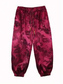 男士复古提花龙纹灯笼裤，缎面柔软中国龙纹阔腿慢跑裤，中国风抽绳腰太极功夫裤，春秋季休闲沙滩瑜伽裤 - 紅色 - 查看 3