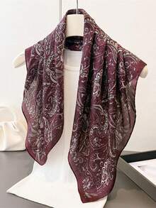女士仿丝印花方巾，时尚简约风格，适合商务会议、休闲旅行、节日和派对等场合。 - 酒紅色 - 查看 1