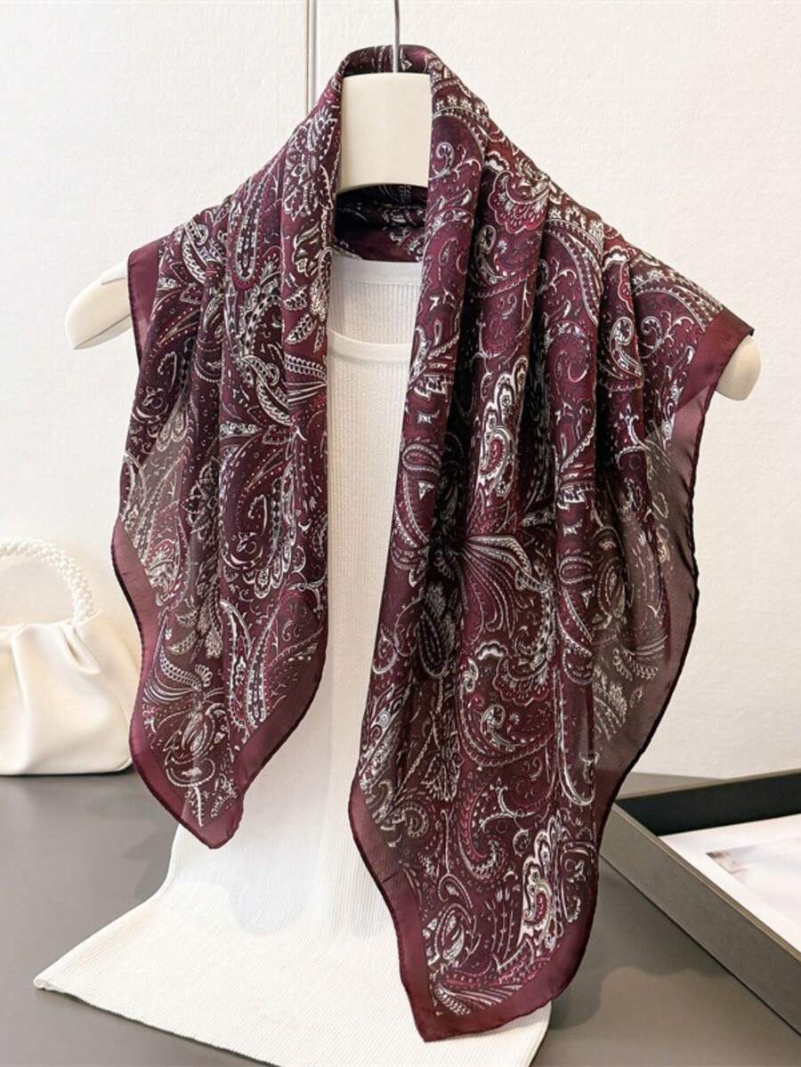 女士仿丝印花方巾，时尚简约风格，适合商务会议、休闲旅行、节日和派对等场合。 - 酒紅色 - 查看 1