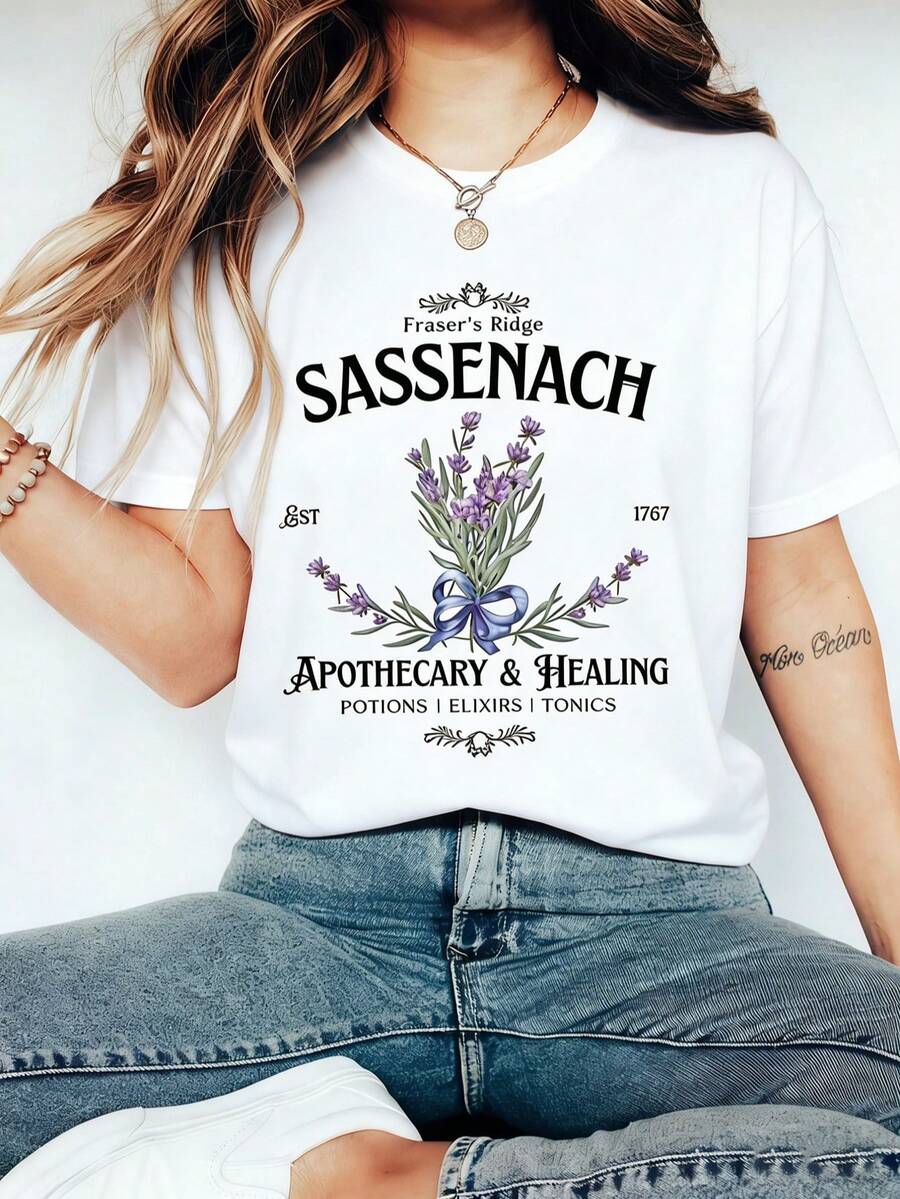 100% Cotton Women's Vintage Sassenach Lavender Graphic Short Sleeve T-Shirt Casual Retro Tee,Summer Outfits For Women,Graphic T Shirts - 白色 - 查看 1
