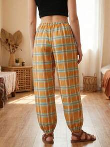 Women's Mid Rise Drawstring Plaid Lantern Pants Loose Casual Stylish Trousers - Red Orange - View 4