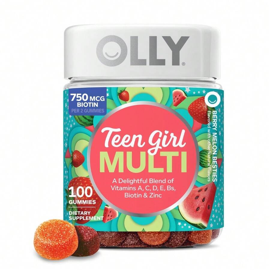 OLLY Multivitamina masticable con biotin, zinc, sabor a fresa y melón para adolescentes, suministro de 50 días - 100 unidades - 100 unidades (paquete de 1) - Ver 1