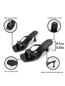 French Mesh Stiletto High Heel Sandals, Black Square Rhinestone Buckle, Open Toe Heeled Slippers For Summer, Elegant New Design - Black - View 4