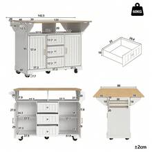 Kitchen Island Cabinet Sideboard 120 X 40 80 X 95 Cm Extendable Kitchen Trolley With Casters Extendable On Both Sides With Towel Rail And Spice Rack Two Doors Three Drawers Black/White - White + MDF - View 6