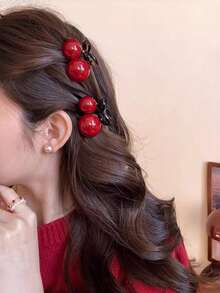1-2个安库拉红色樱桃发夹，精致优雅的侧刘海/马尾发夹，发饰 - 彩色 - 查看 12