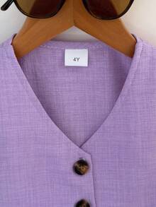 2 piezas Conjunto de top de chaleco y falda corta elegante y retro de color marrón claro para niñas. Decoración de lazo en la parte delantera, adecuado para la calle, la escuela y sesiones de fotos - Morado - Ver 3